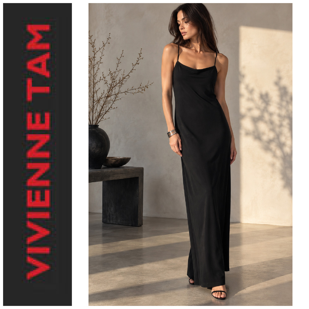 Vintage 1990's Vivienne Tam Sz 3 L Black Maxi Slip Dress Stretch Minimalist